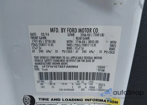 2014 Ford F-150 Xl z USA, uszkodzony, nr VIN 1FTFW1ET8EFA80864